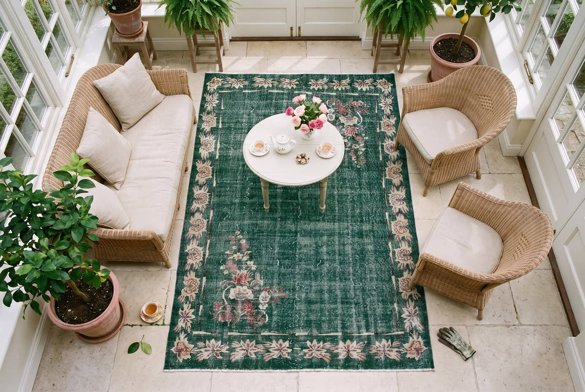 A forest green vintage Turkish Isparta rug seen from above in a garden room in a Georgian country house in Sussex, England