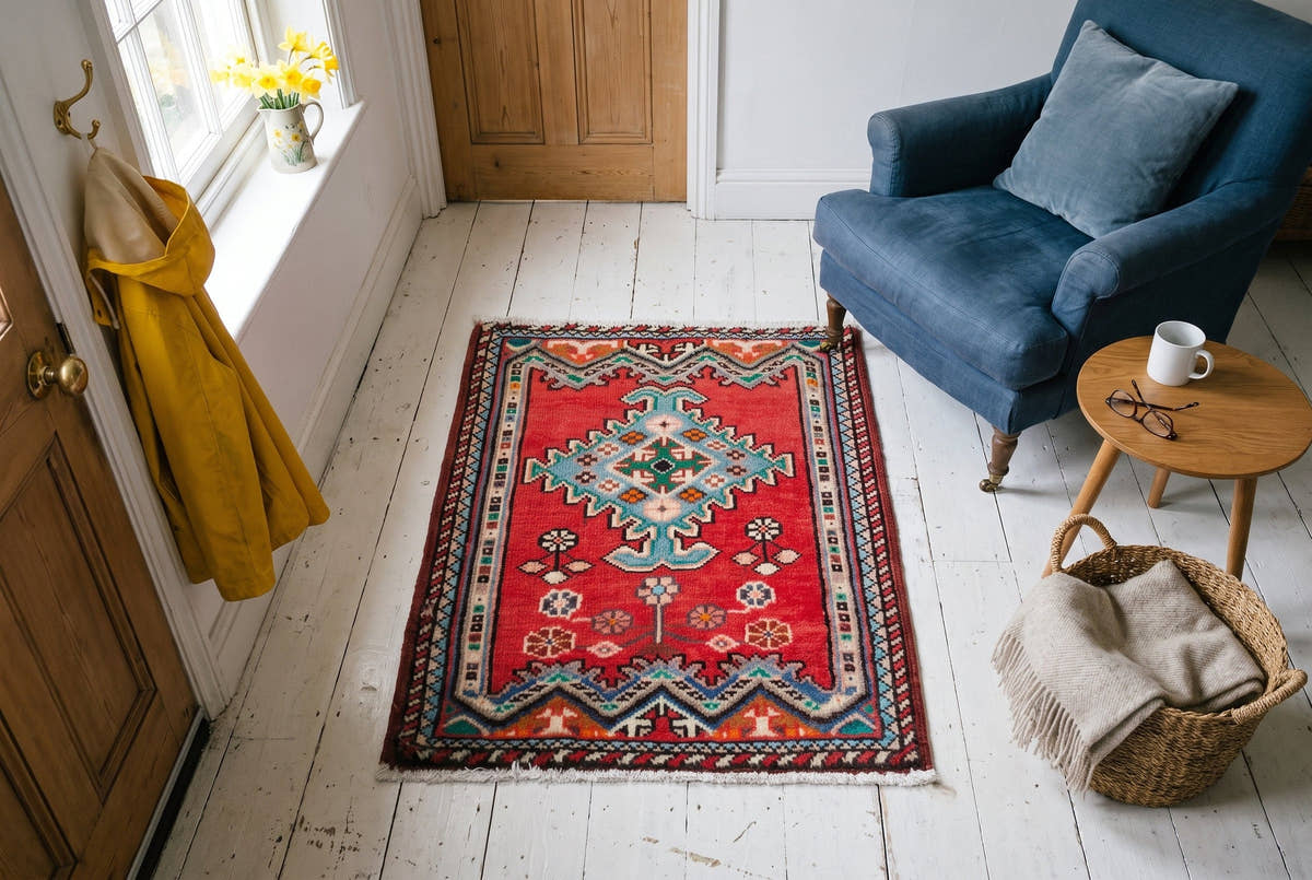 A small red vintage Persian Hamedan rug in a fisherman’s cottage sitting room in Brighton, England