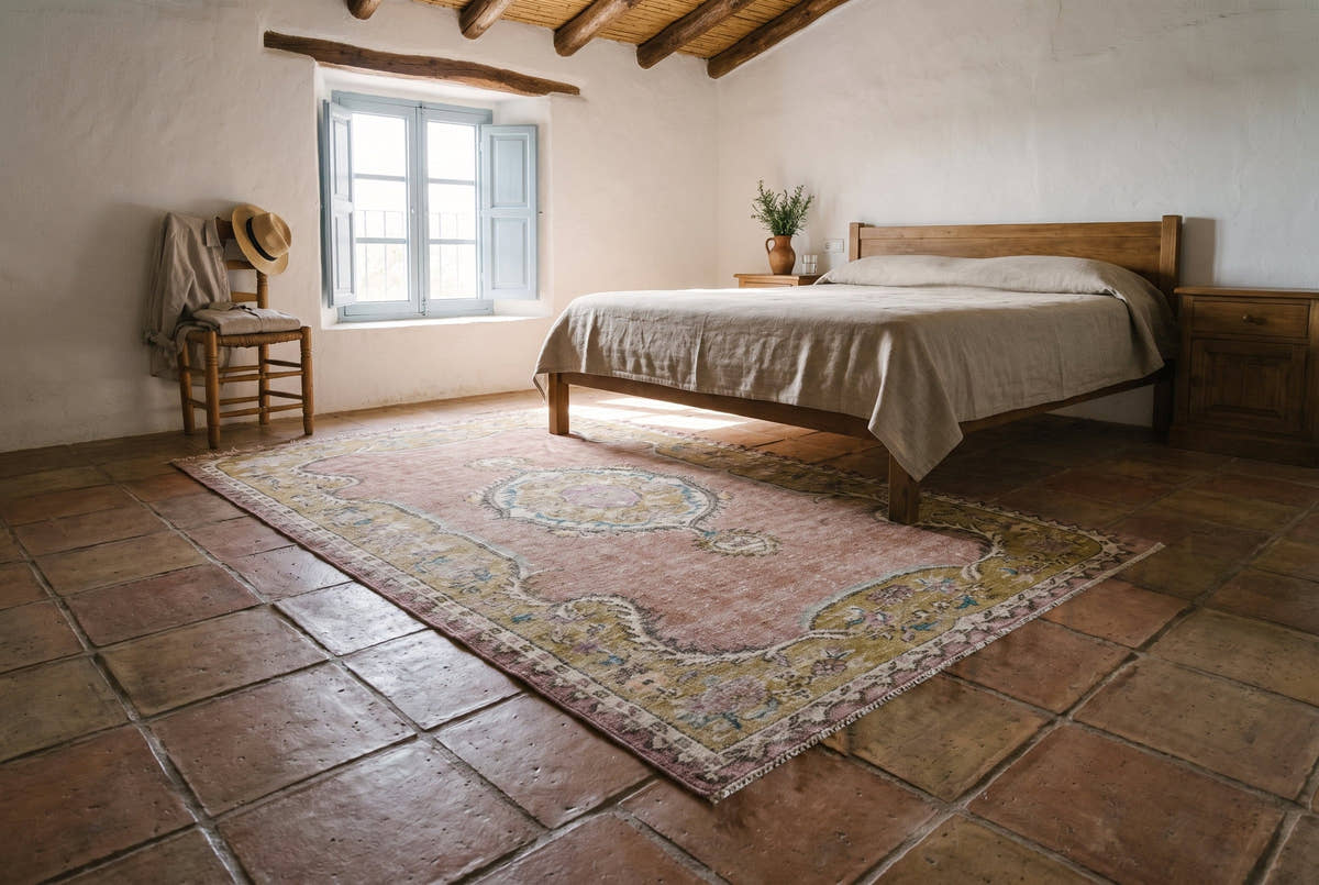 A soft rose vintage Turkish Isparta rug with a gold border in the bedroom of an old farmhouse near Ronda, Andalusia