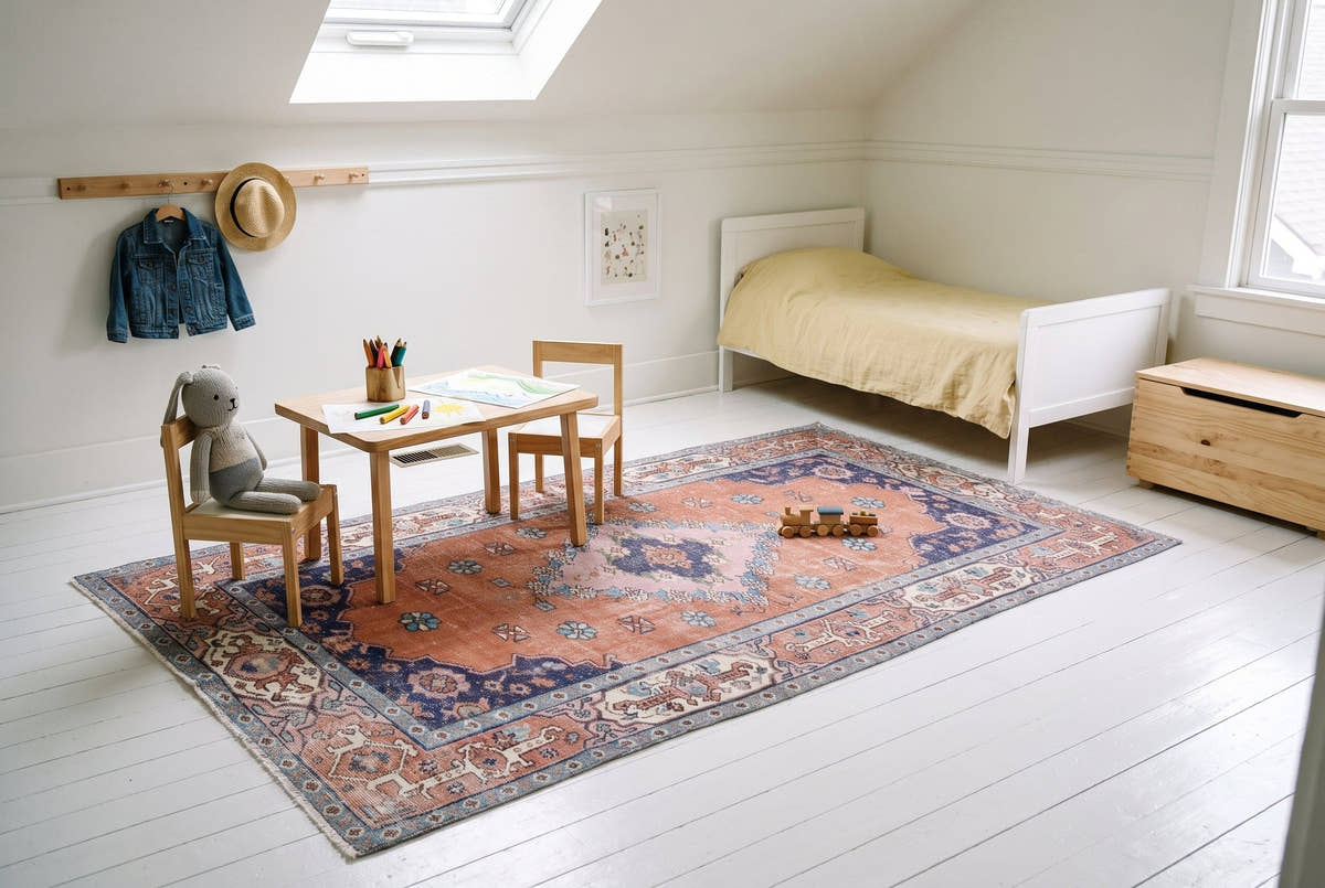 A coral and lavender vintage Turkish Isparta rug in a sunny child’s attic bedroom in Seattle