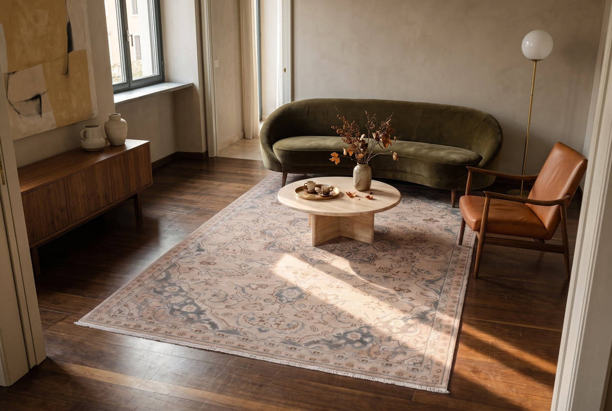 A sand-colored vintage Persian Sabzevar rug in the living room of a 1930s rationalist apartment in Milan’s Porta Venezia