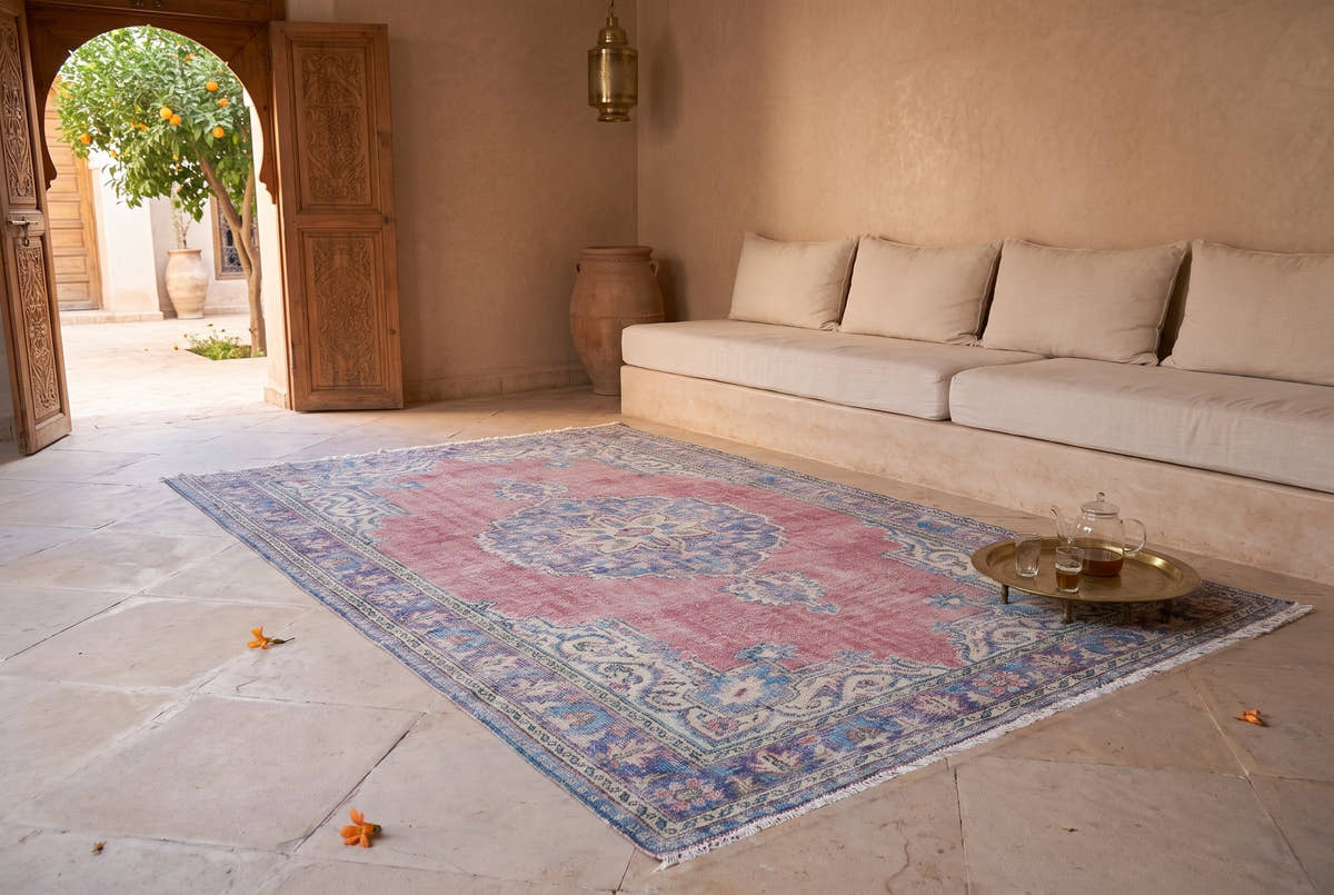 A faded rose and periwinkle Turkish Manisa rug on pale stone in a riad salon in Marrakech, a brass tea tray resting on one corner
