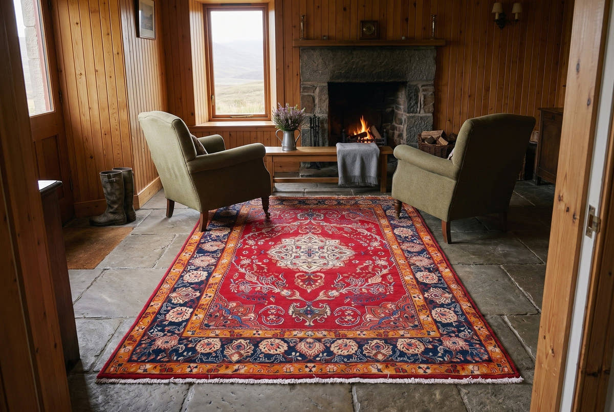 A red vintage Persian Arak rug with a large ivory medallion on the flagstone floor of a pine-paneled Highland lodge by a stone fireplace