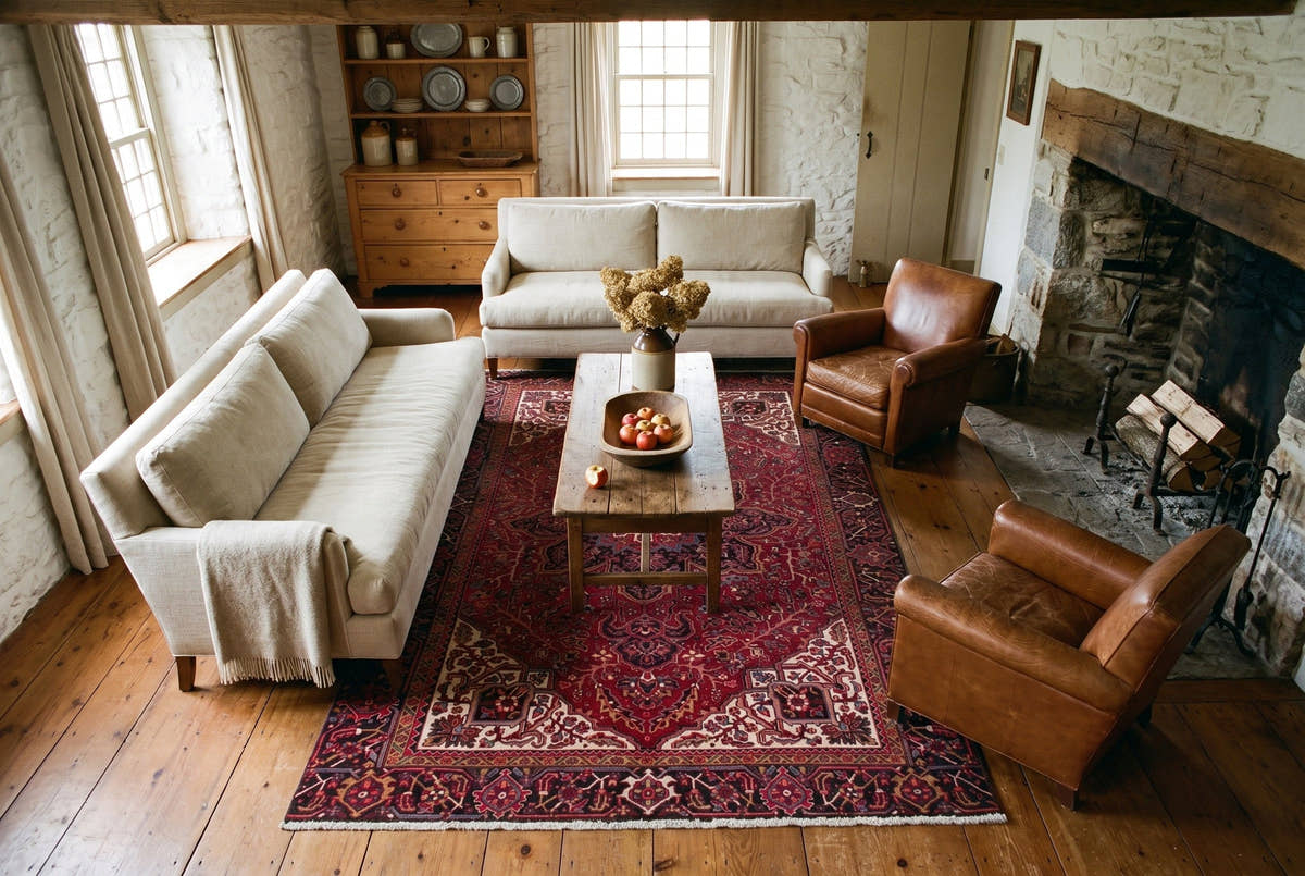 A red vintage Persian Heriz rug with an angular medallion in a stone farmhouse living room in Bucks County