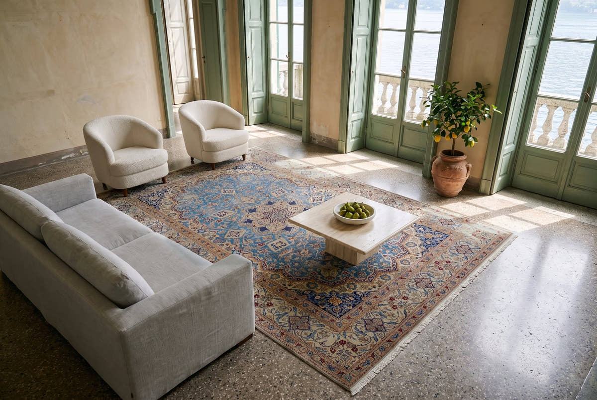 A fine vintage Persian Nain rug with a steel blue field on a warm gray terrazzo floor in the salon of a Lake Como villa with tall green shutters