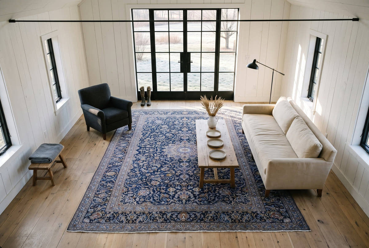 An oversized vintage Persian rug with a navy field and ivory medallion in the white paneled great room of a converted Hudson Valley barn, seen from a mezzanine