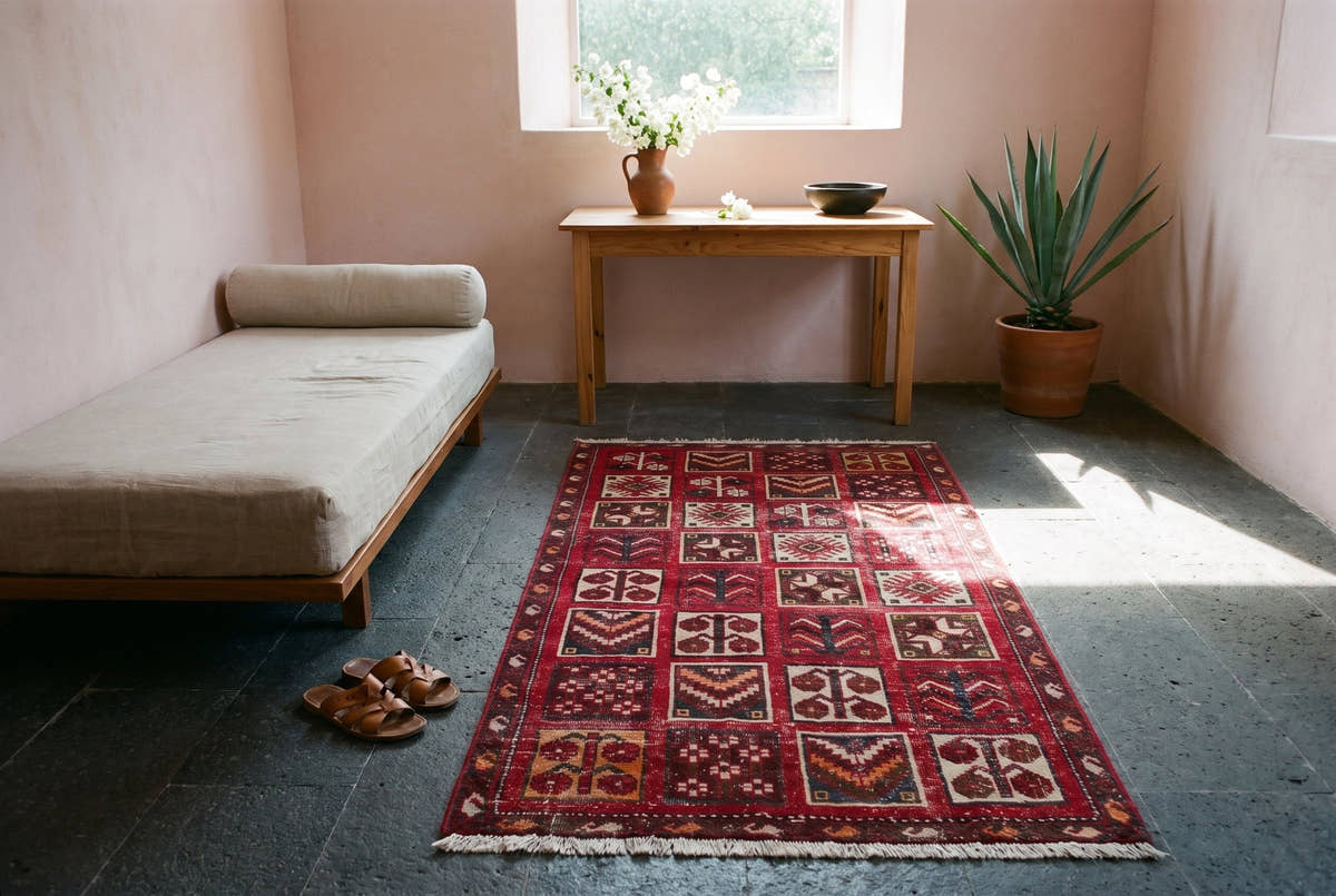 A red vintage Persian Bakhtiari garden rug on a dark volcanic stone floor beside a low daybed in a Mexico City study with pink lime-washed walls