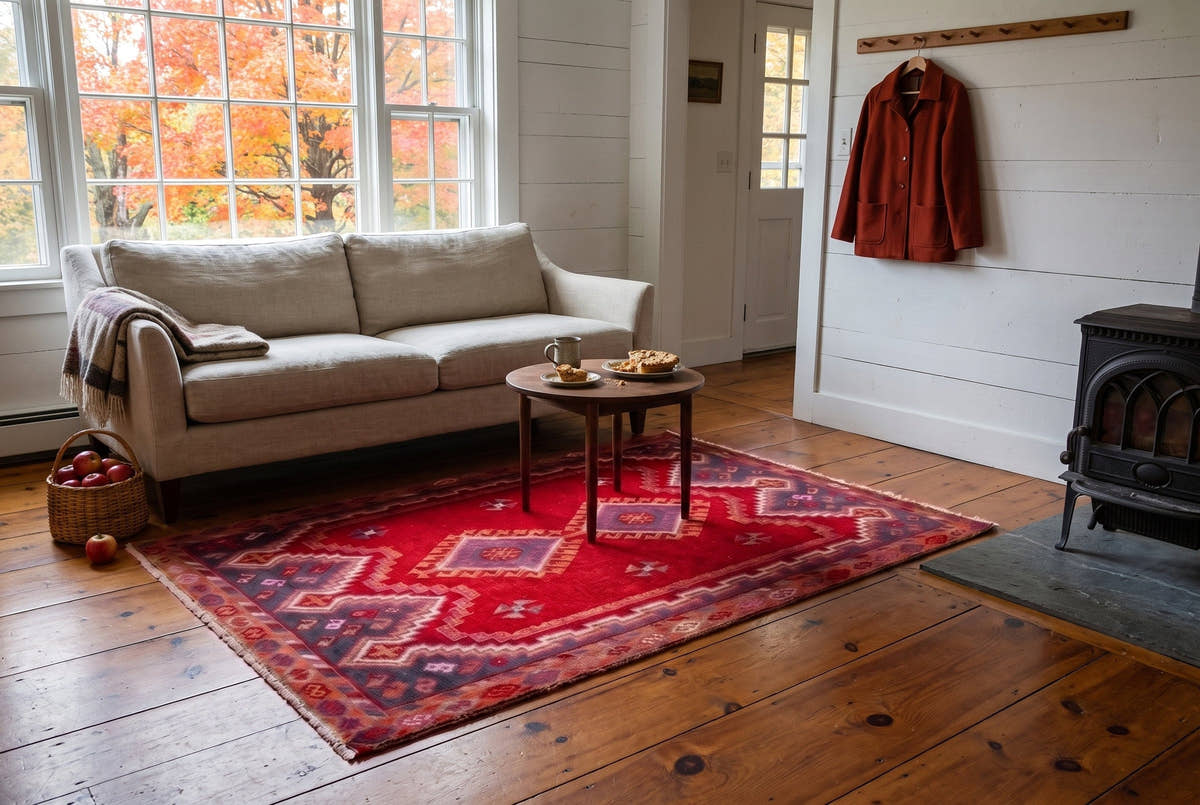 A bold red vintage Persian Shiraz rug with diamond medallions in a living room in a 1900s farmhouse in Woodstock, Vermont