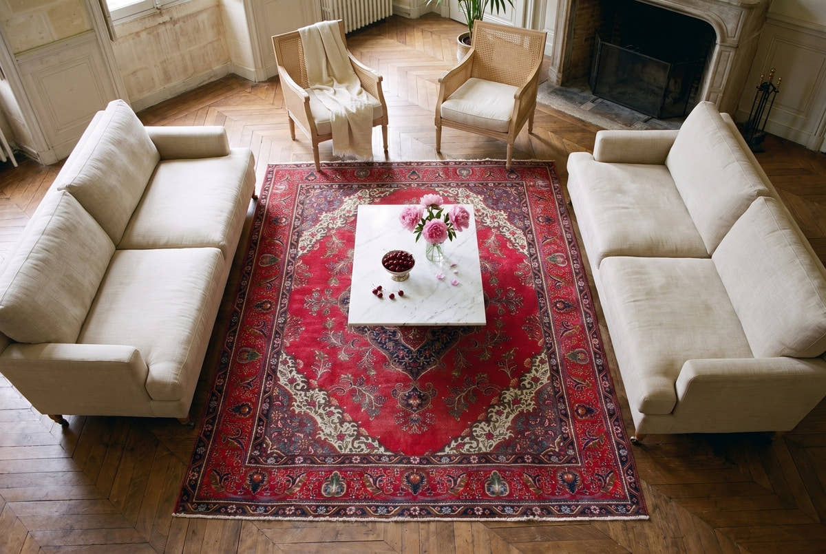 A large red vintage Persian Tabriz rug seen from above in the salon of an 18th-century limestone townhouse in Bordeaux, France