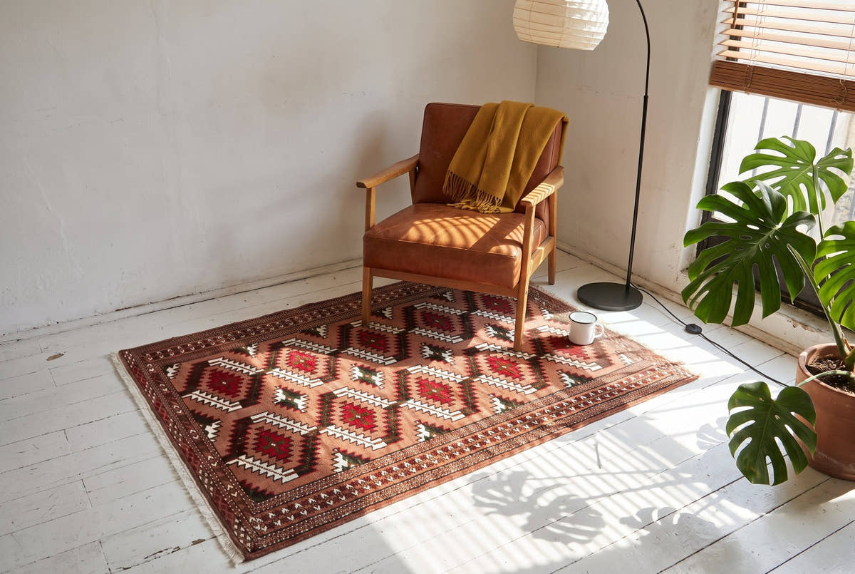 A vintage Persian Torkaman rug with bold diamond motifs in a sunny reading corner of an apartment in Roma, Mexico City