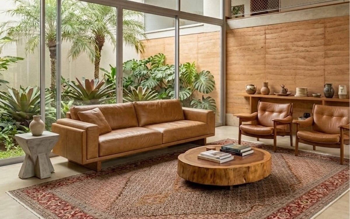 Vintage Persian Vist rug in a modern living room with a leather sofa
