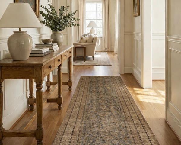 Vintage Persian runner rug in an entry hallway