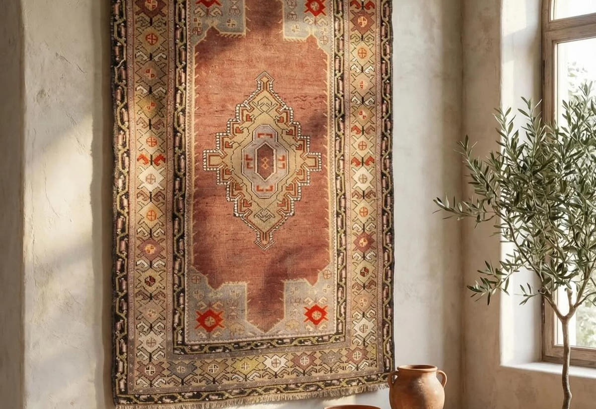 Turkish Anatolian vintage rug on a plaster wall