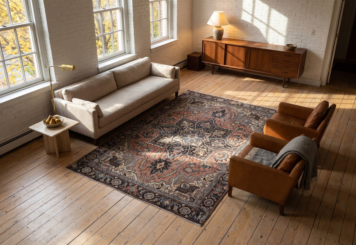 Vintage Persian Heriz rug with a terracotta field and dark medallion on a pale wood floor in late sun