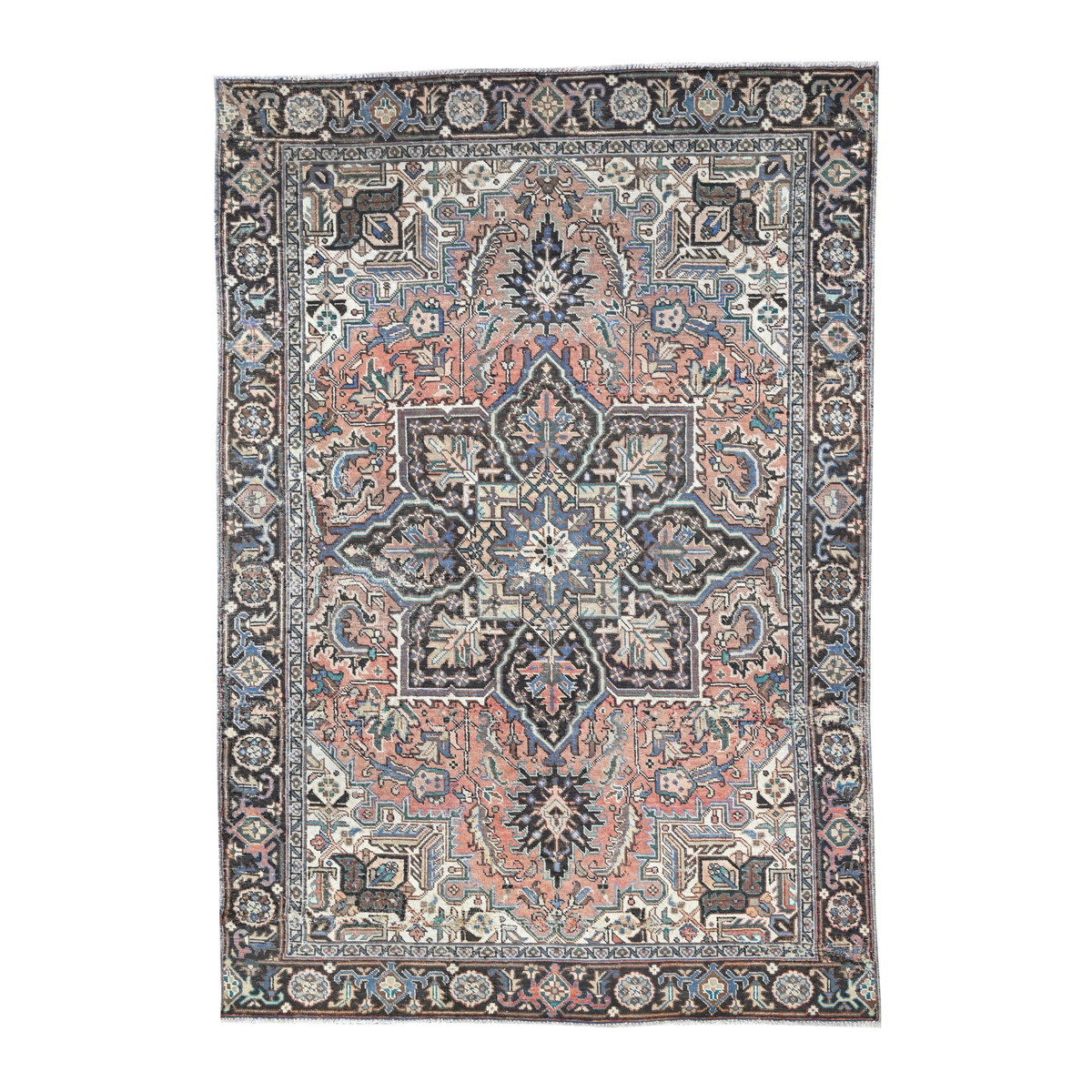 Persian Heriz area rug in terracotta and navy, 7' x 10'3"