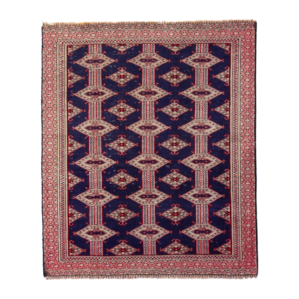 Persian Torkaman accent rug in navy and rose, 2'9" x 3'3"