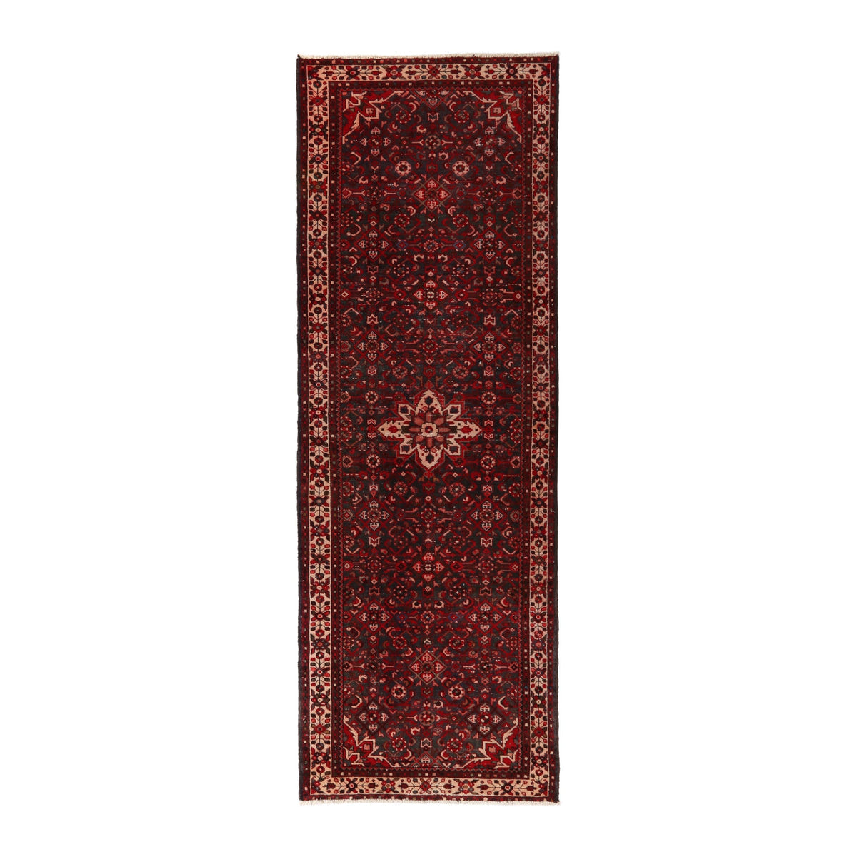 Persian runner rug in deep red and charcoal, 3'7" x 10'7"