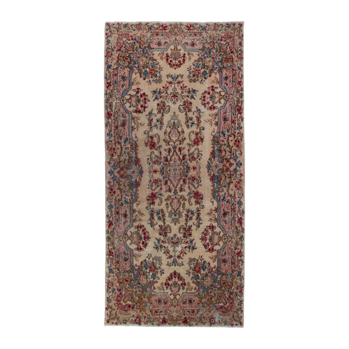 Persian Kerman runner rug in cream and faded red, 3'7" x 8'