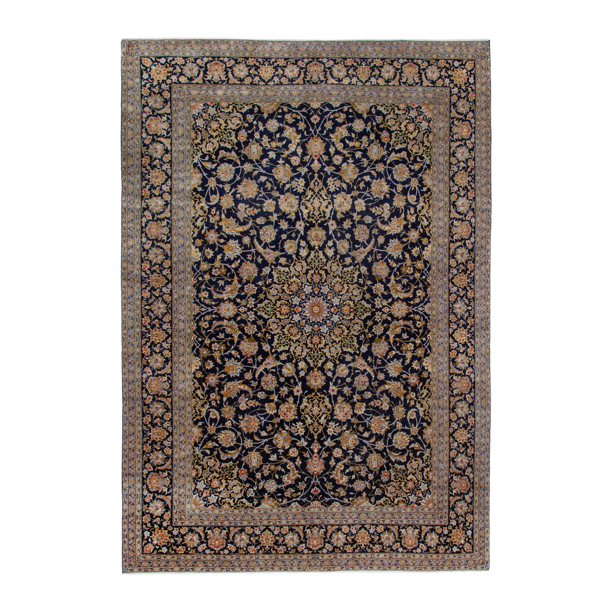 Persian Kashan oversized rug in navy and antique gold, 9' x 12'4"