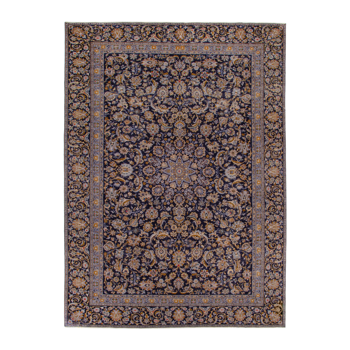 Persian Kashan oversized rug in navy and gold, 8'10" x 12'6"