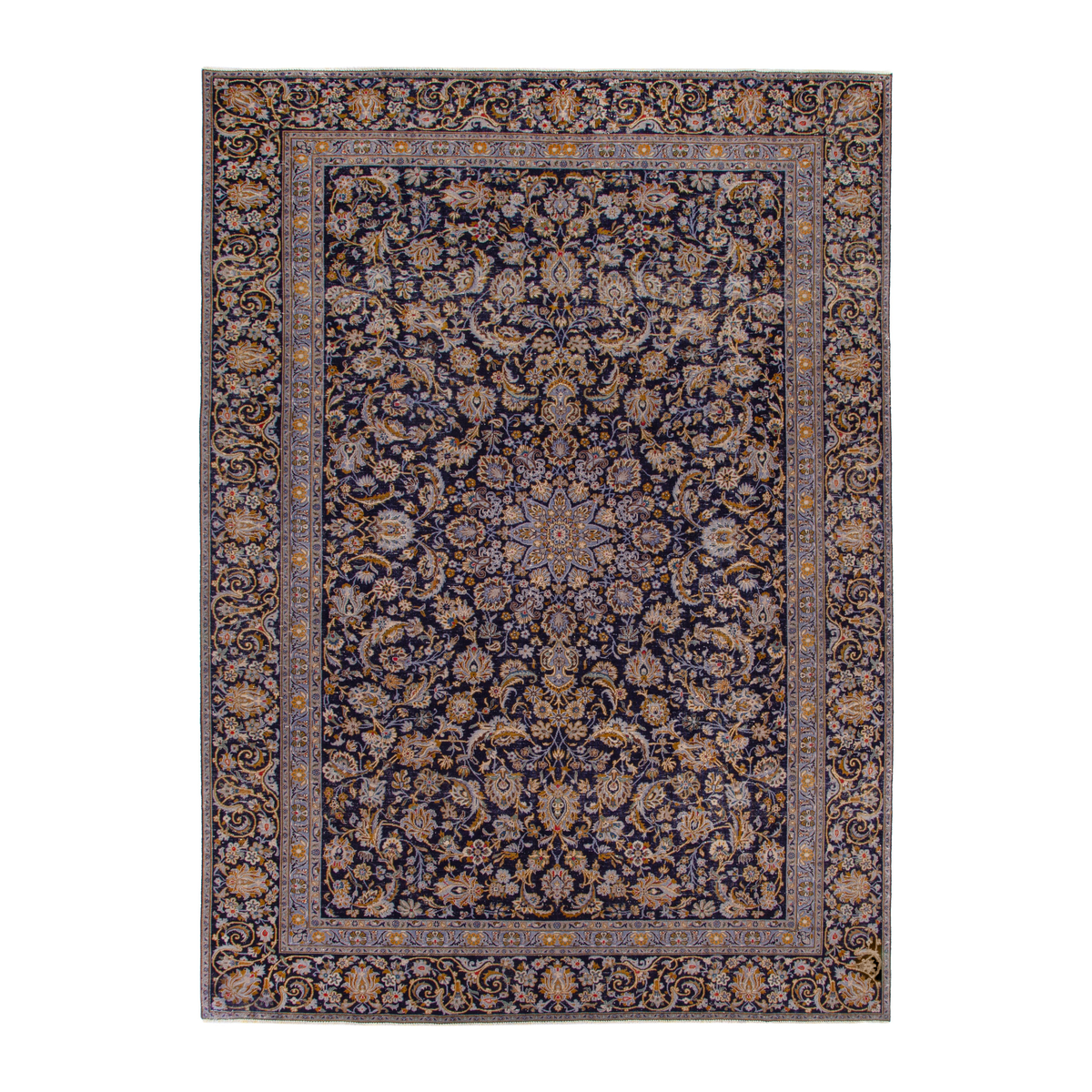 Persian Kashan oversized rug in navy and gold, 8'10" x 12'6"