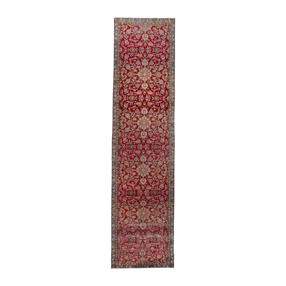 Persian Kashan runner rug in deep red and sage, 3'7" x 15'1"