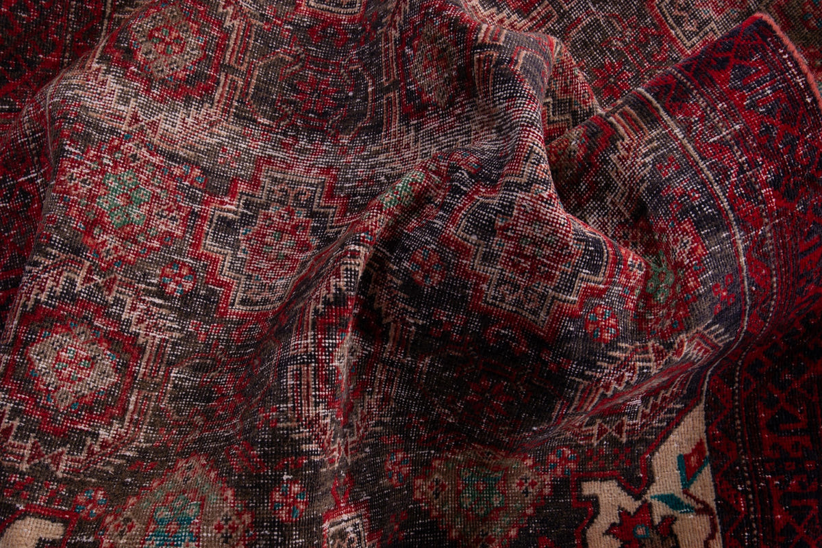 Persian Baluch accent rug in dark brown and deep red, view 16 of 17
