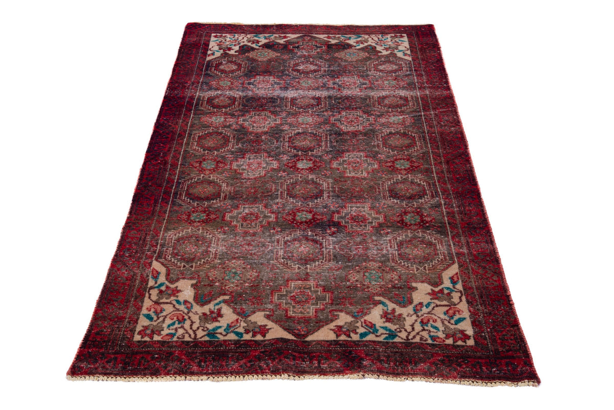 Persian Baluch accent rug in dark brown and deep red, view 3 of 17