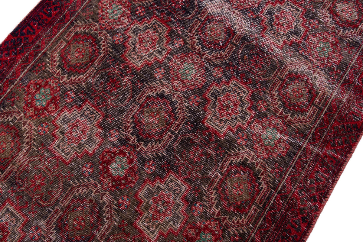 Persian Baluch accent rug in dark brown and deep red, view 5 of 17
