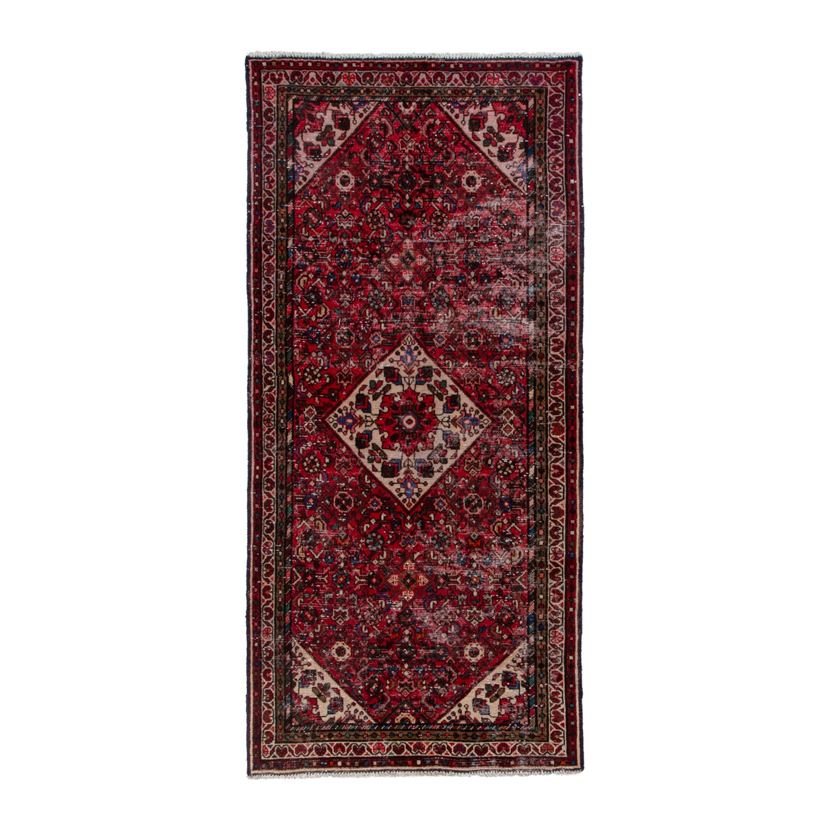 Persian Hamedan runner rug in deep red and muted pink, 3'1" x 6'11"