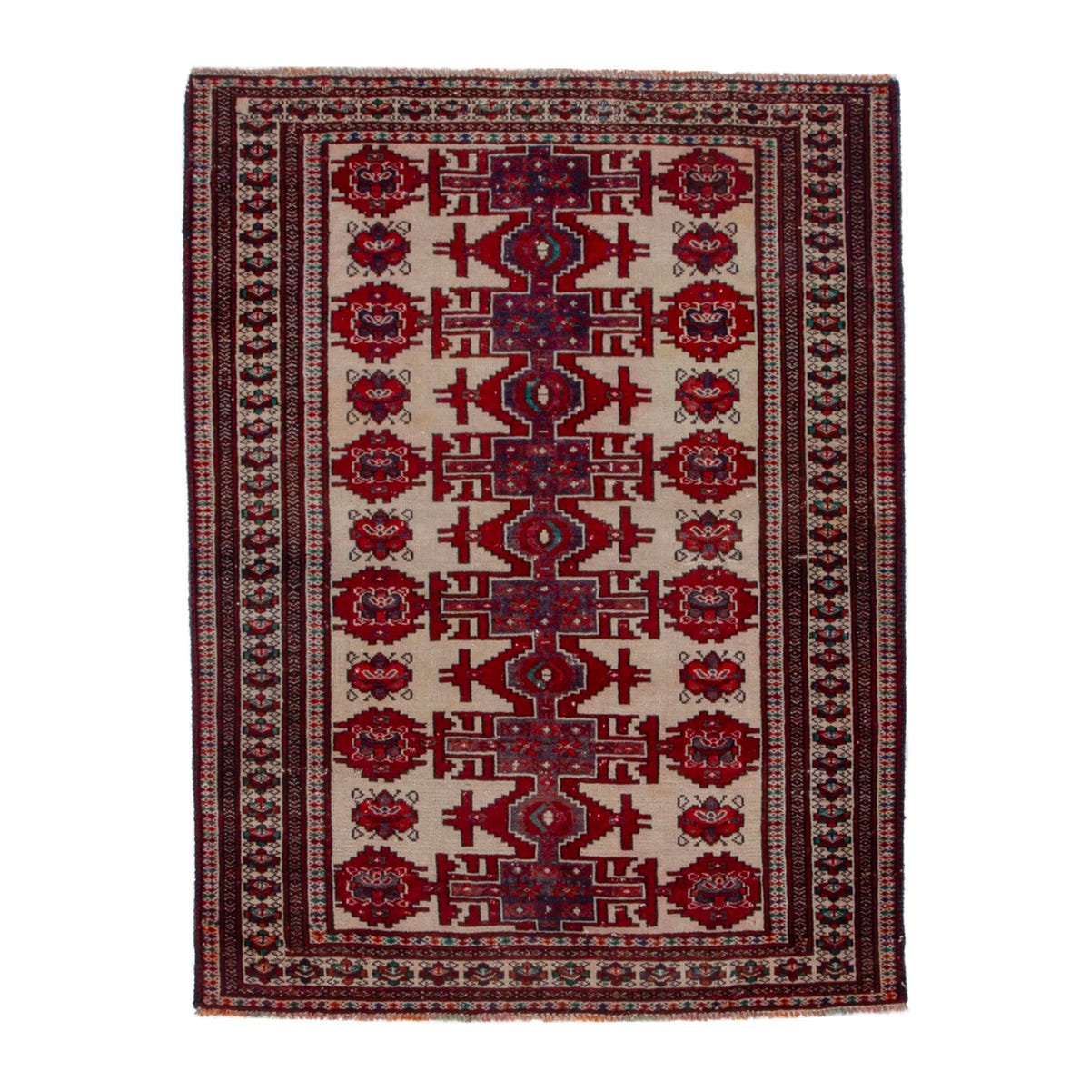 Persian Torkaman accent rug in cream and deep red, 3'4" x 4'5"