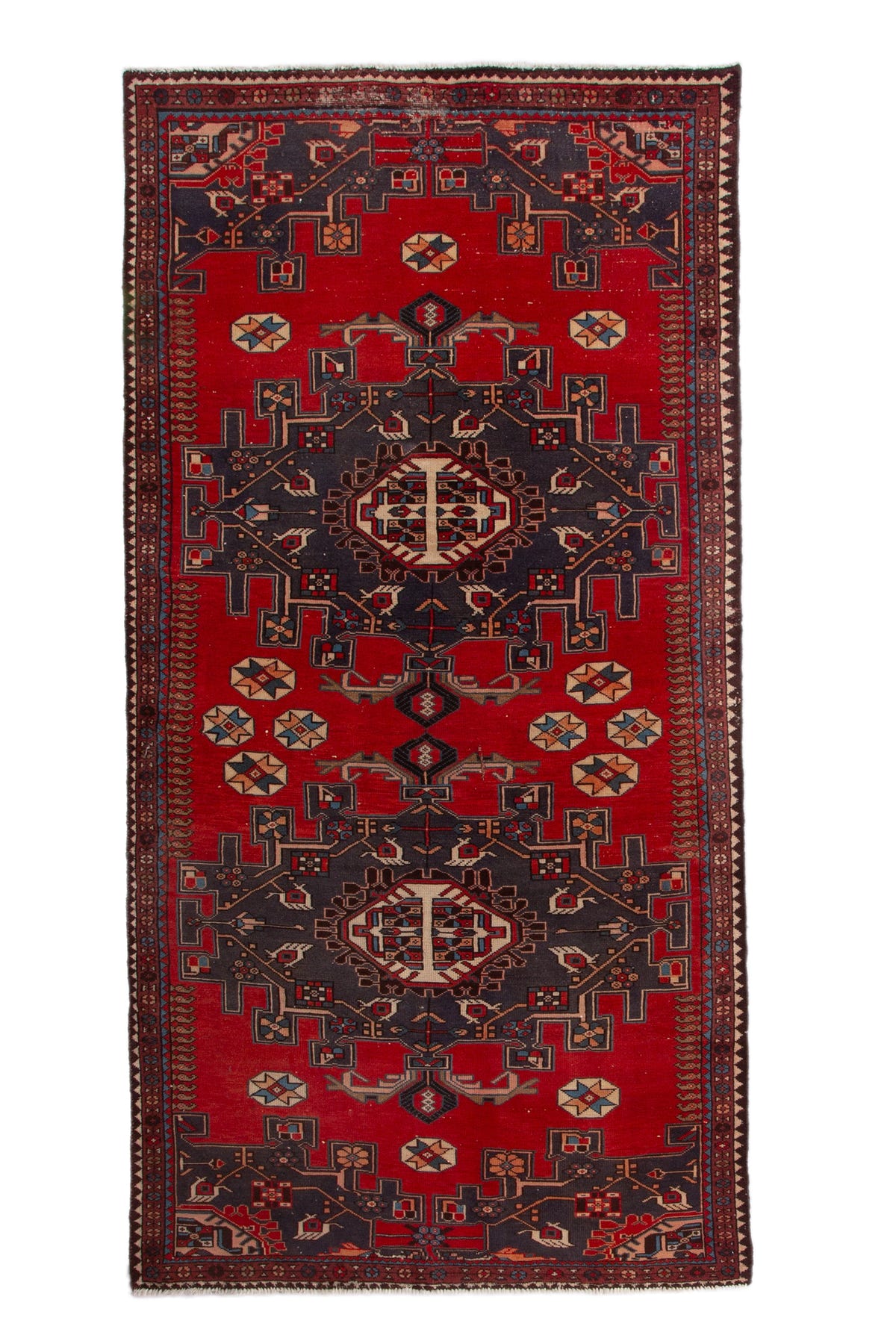 Turkish Anatolian area rug in deep red and navy, view 2 of 19