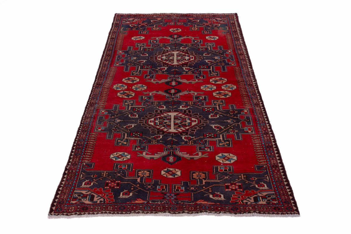 Turkish Anatolian area rug in deep red and navy, view 12 of 19