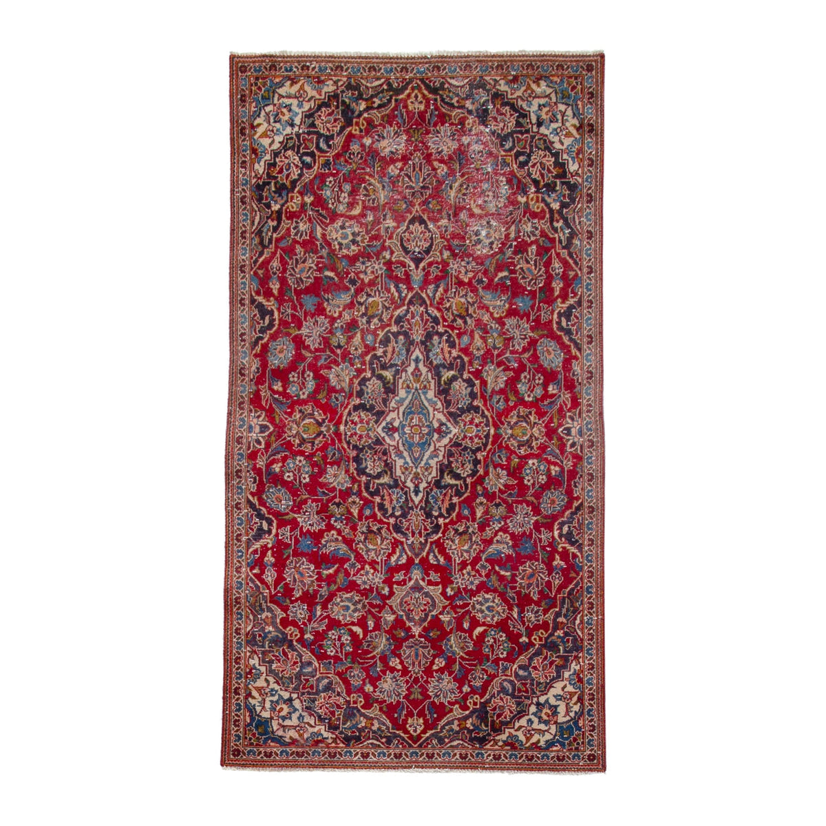 Persian Kashan runner rug in deep red and dark blue, 3'1" x 6'5"