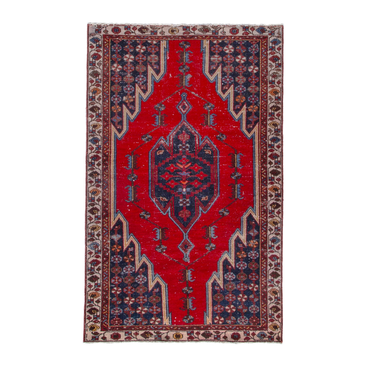 Persian Saveh accent rug in deep red and dark blue, 3'11" x 6'5"