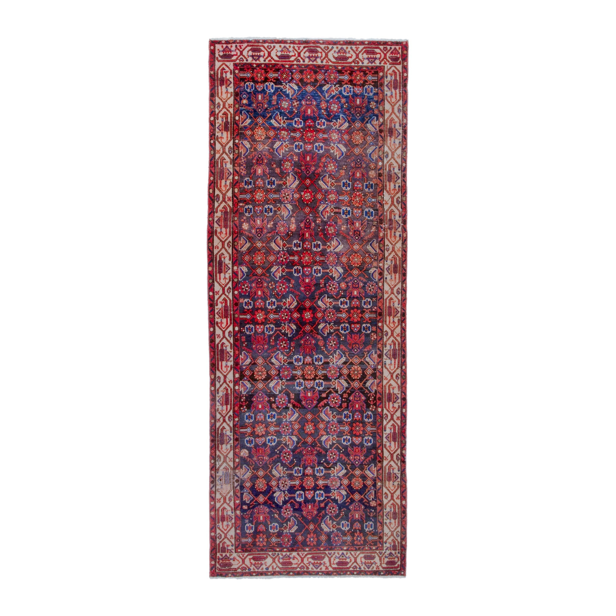 Persian Hamedan runner rug in deep red and navy, 3'5" x 9'9"