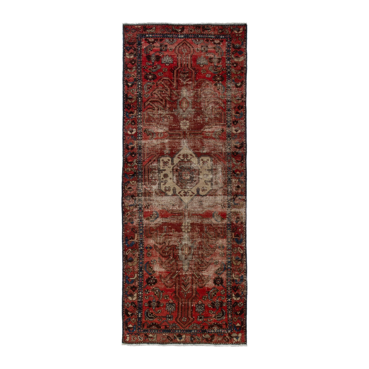Persian Zanjan runner rug in deep red and navy, 3'4" x 9'1"