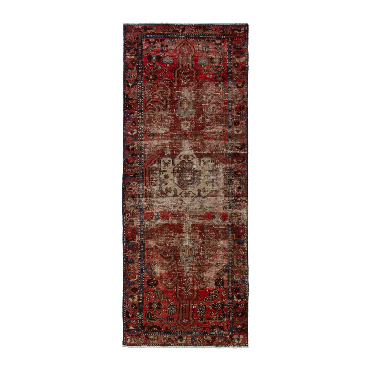Persian Zanjan runner rug in deep red and navy, 3'4" x 9'1"