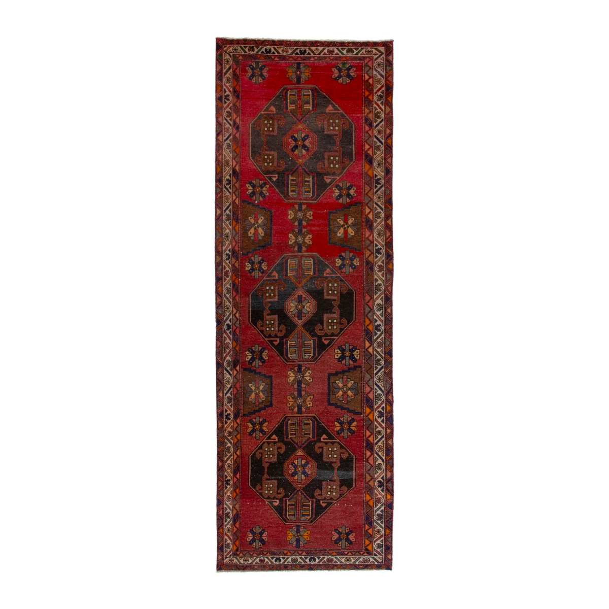 Persian Ardabil runner rug in deep red and dark brown, 4' x 12'6"