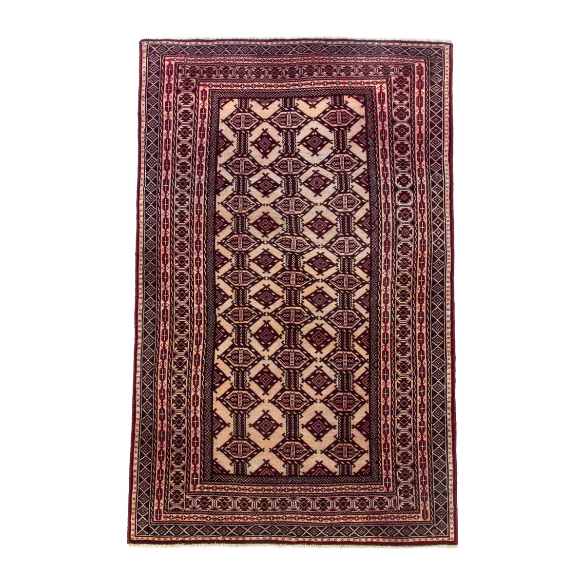 Persian Baluch area rug in cream and burgundy, 4' x 6'6"