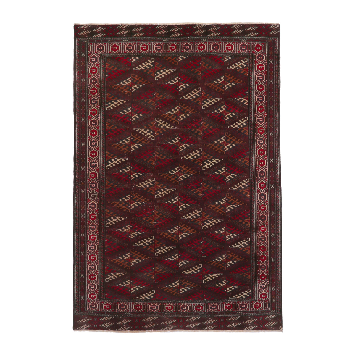 Persian Torkaman oversized rug in burgundy and brick, 7'1" x 10'8"
