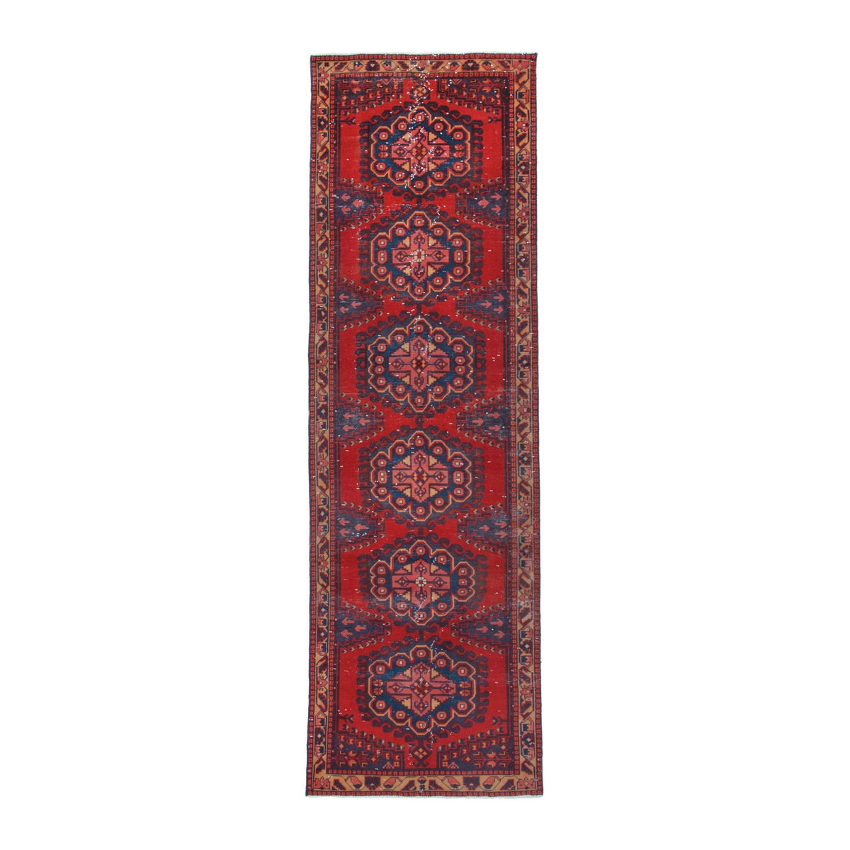 Persian Vist runner rug in deep red and dark blue, 3'5" x 11'1"