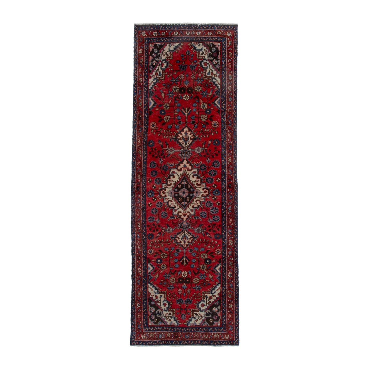 Persian Hamedan runner rug in deep red and cream, 3'3" x 9'10"