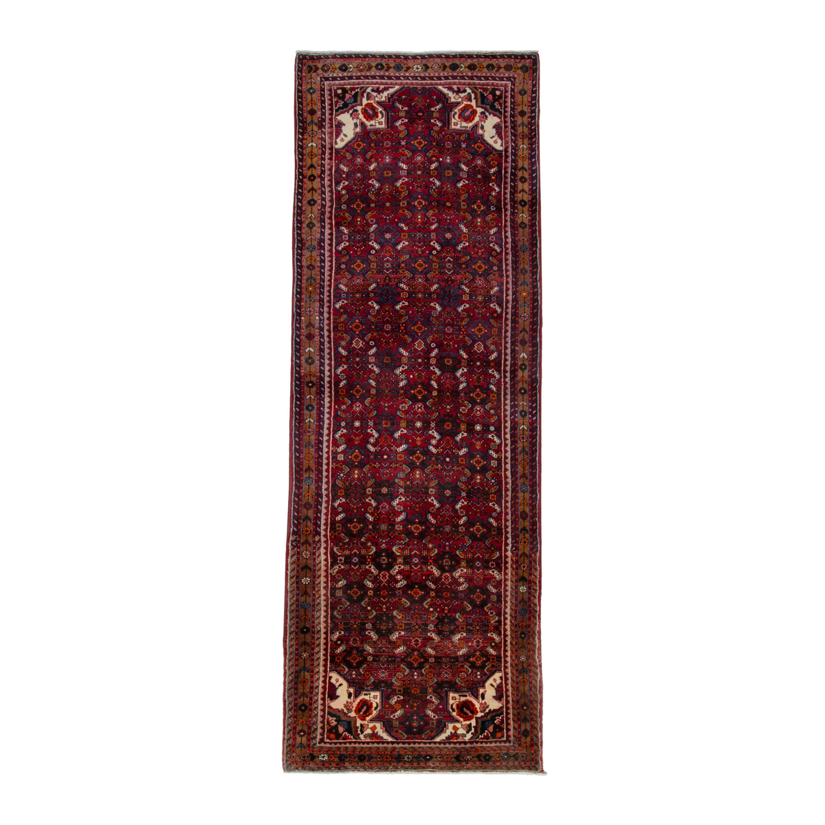 Persian Hosseinabad runner rug in burgundy and rust, 3'9" x 10'8"