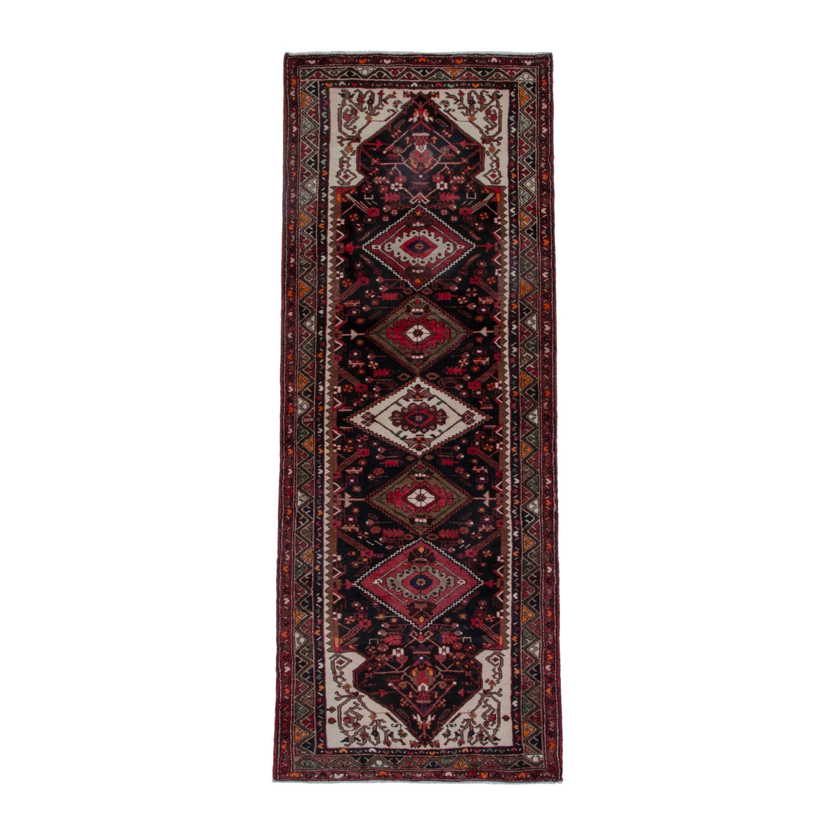 Persian Hamedan runner rug in burgundy and cream, 3'7" x 9'10"