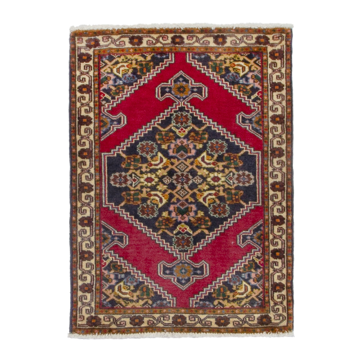 Persian Ghoochan accent rug in deep red and dark blue, 2'2" x 2'11"