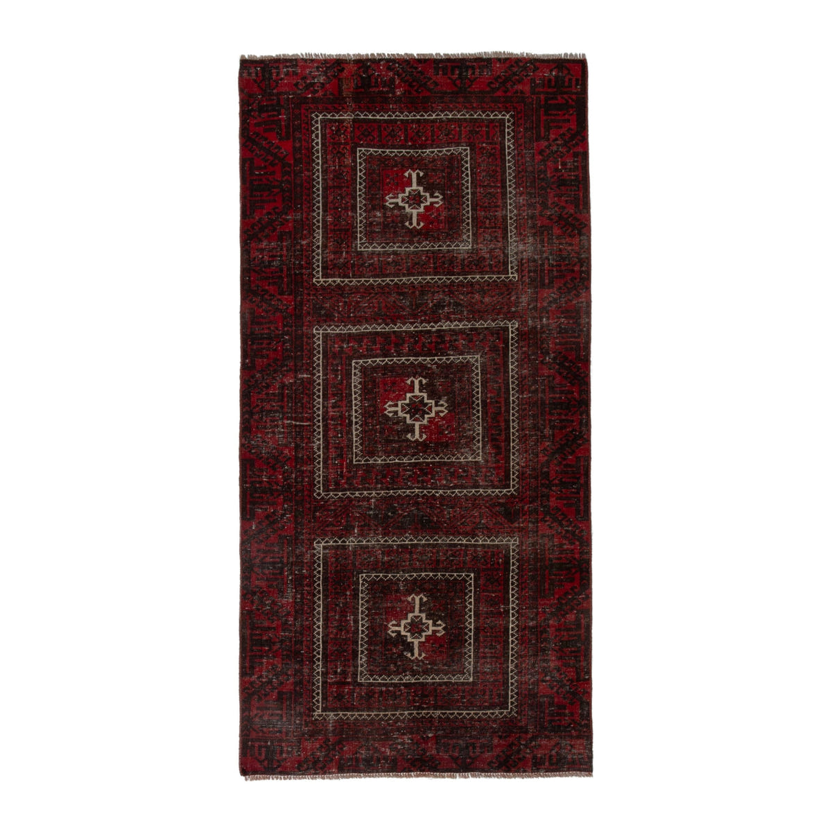 Persian Baluch runner rug in burgundy and deep red, 3'3" x 6'9"