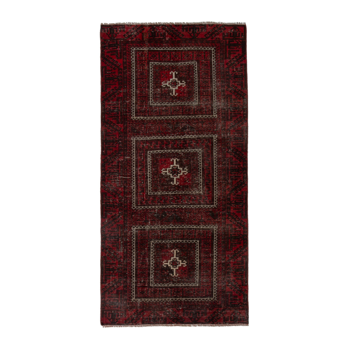 Persian Baluch runner rug in burgundy and deep red, 3'3" x 6'9"