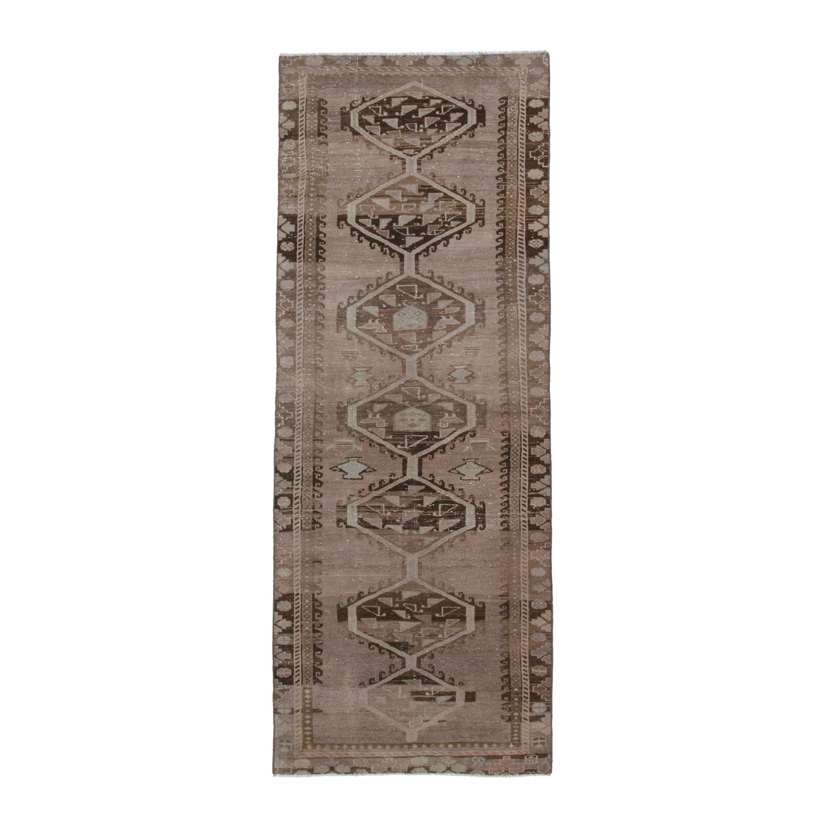 Persian Shiraz runner rug in taupe and dark brown, 3'10" x 10'