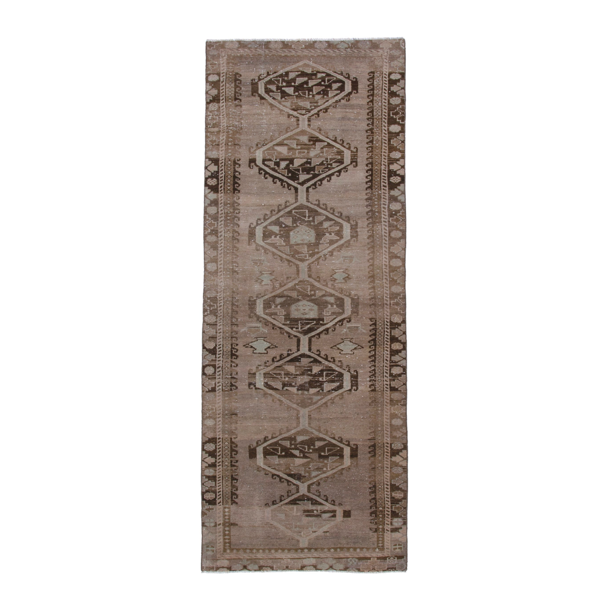 Persian Shiraz runner rug in taupe and dark brown, 3'10" x 10'